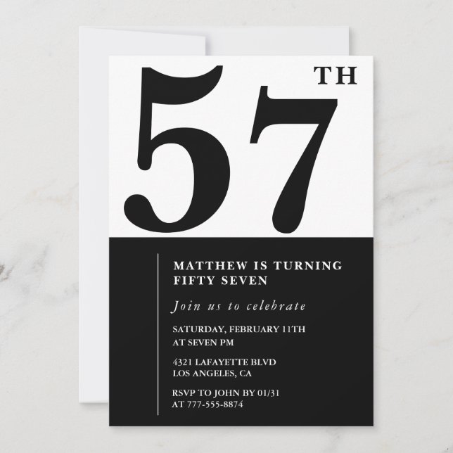 convites de aniversário de 57 anos Preto e Branco  (Frente)