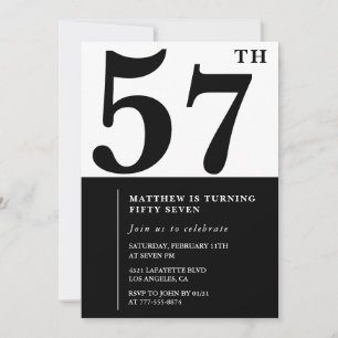 convites de aniversário de 57 anos Preto e Branco 