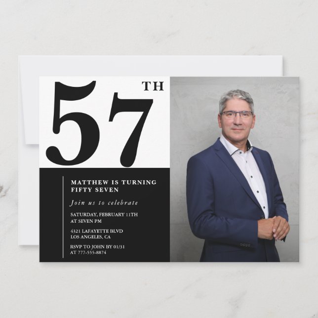Convites de Aniversário de 57 Anos Preto e Branco  (Frente)