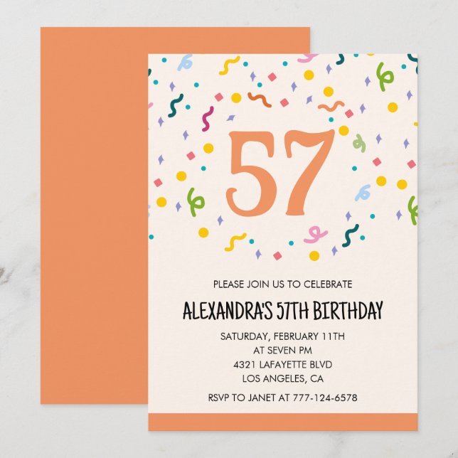 Convites de aniversário de 57 anos Simple Confetti (Frente/Verso)