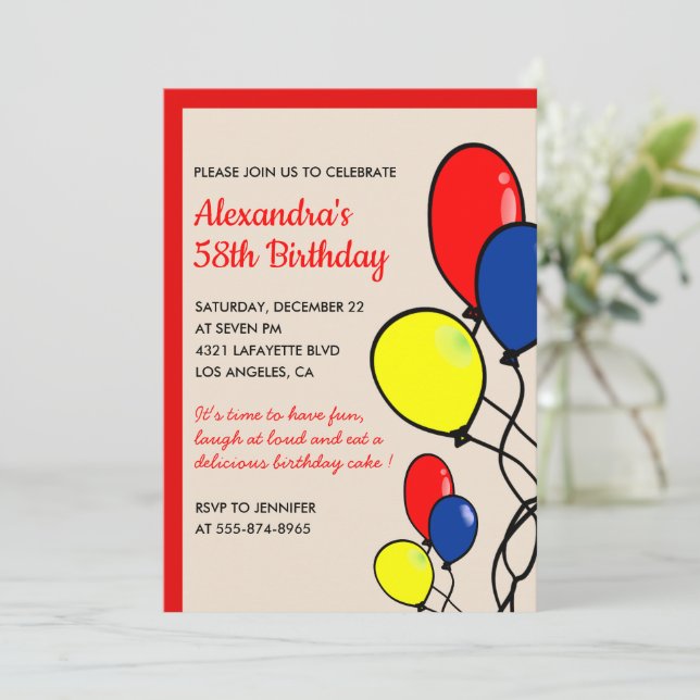 Convites de aniversário de 58 anos com balões simp (Em pé/Frente)