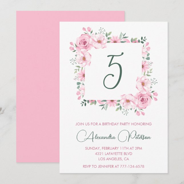 Convites de aniversário de 5 anos elegantes Floral (Frente/Verso)