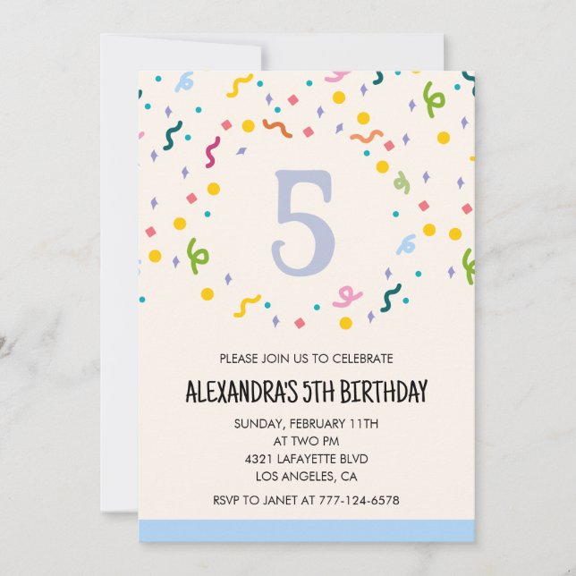 Convites de aniversário de 5 anos simples Confetti (Frente)