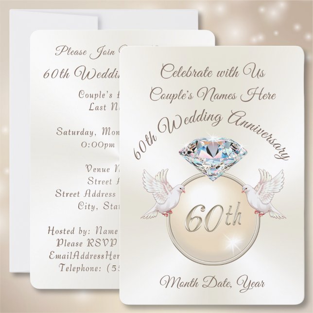 Convites de Aniversário de 60 Anos de Casamento de (60th wedding anniversary invitation cards. Diamond anniversary. 60th anniversary party supplies. )