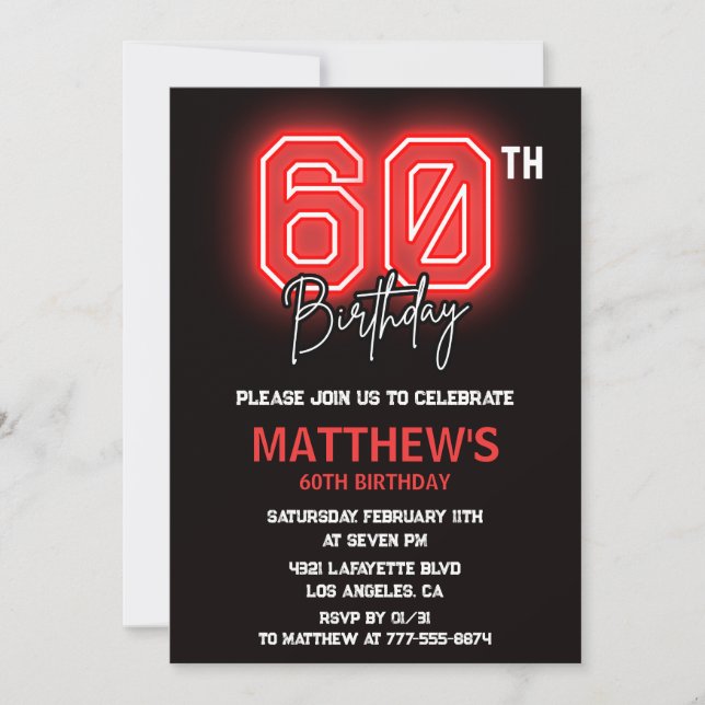 Convites de aniversário de 60 anos pretos Neon par (Frente)