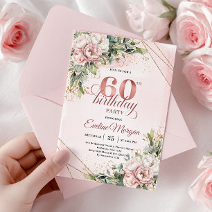 Convites de Aniversário de 60 anos Rosa Dourado Fl