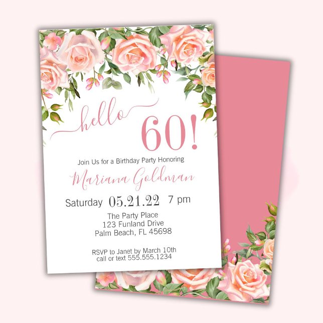 Convites de Aniversário de 60 anos Rosa Floral Mod (Criador carregado)