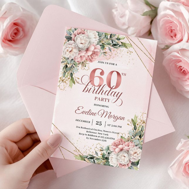Convites de Aniversário de 60 anos Rose Gold Botan (Rose Gold Botanical Greenery 60th Birthday Invitation)