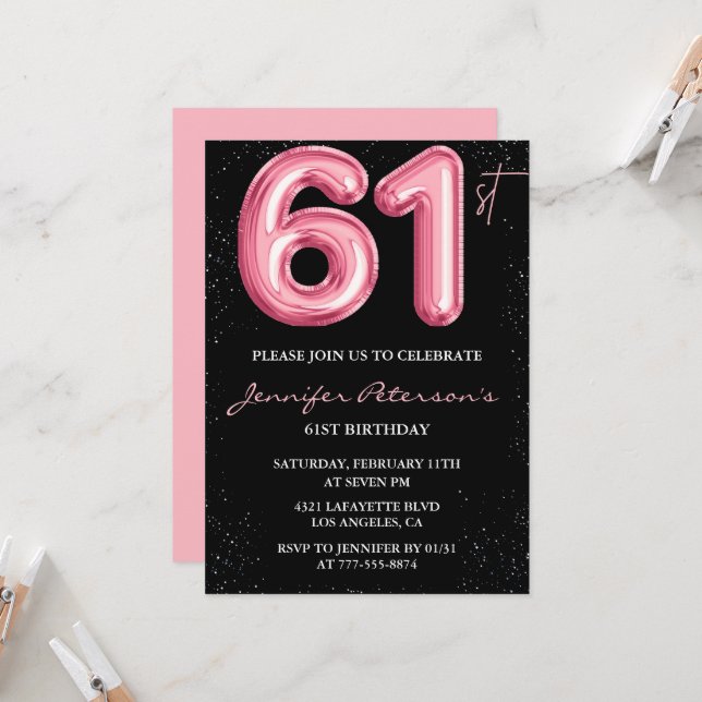 Convites de aniversário de 61 anos Black Pink Balã (Frente/Verso In Situ)