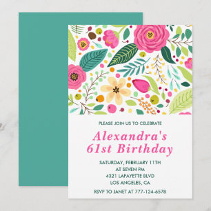 Convites de aniversário de 61 anos Floral Elegante