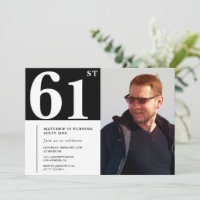 Convites de aniversário de 61 anos Preto e Branco 