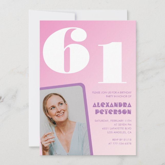 Convites de aniversário de 61 ruas rosa Foto retro (Frente)