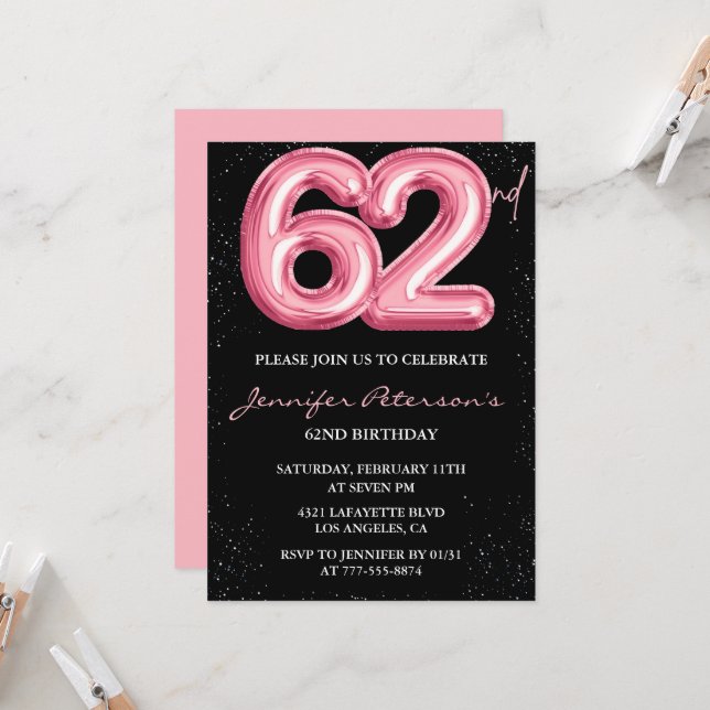 Convites de aniversário de 62 anos Black Pink Balã (Frente/Verso In Situ)
