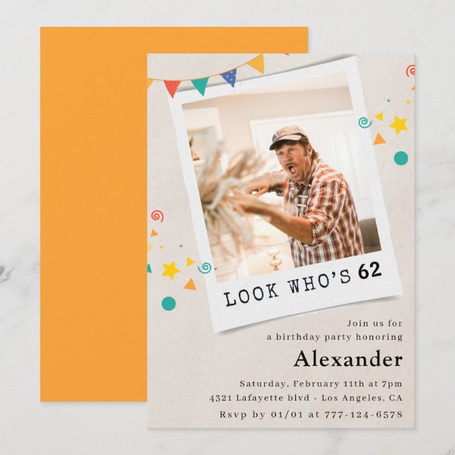 Convites de aniversário de 62 anos com foto engraç (Frente/Verso)