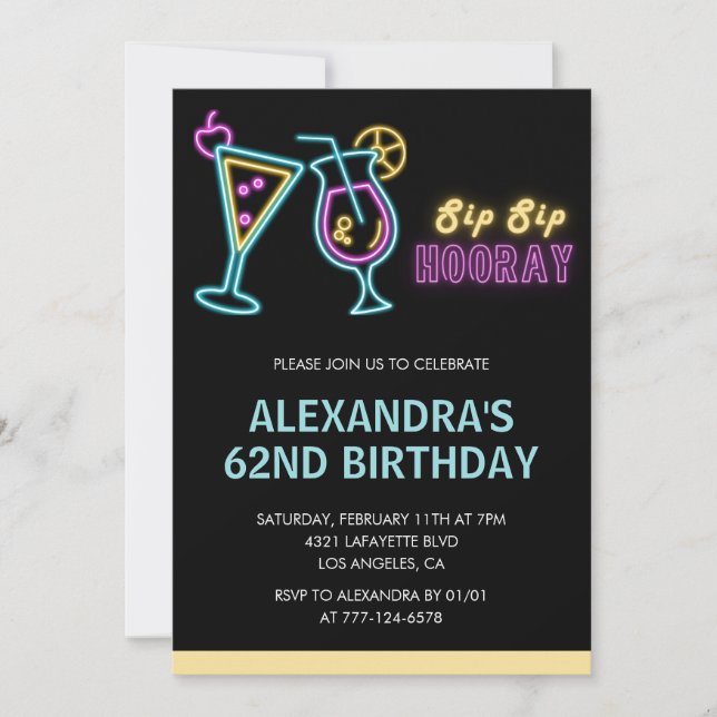 Convites de aniversário de 62 anos preto Cocktail  (Frente)