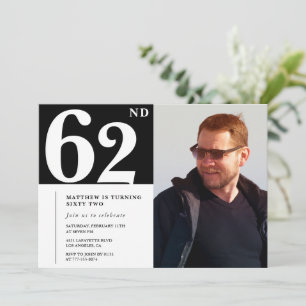 Convites de aniversário de 62 anos Preto e Branco 