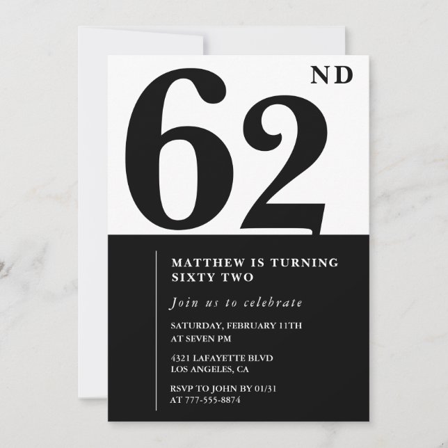 convites de aniversário de 62 anos Preto e Branco  (Frente)