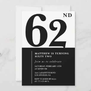 convites de aniversário de 62 anos Preto e Branco 