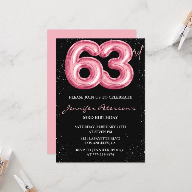 Convites de aniversário de 63 anos Black Pink Balã (Frente/Verso In Situ)