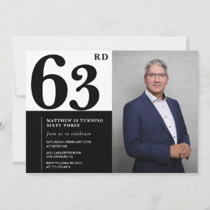 Convites de Aniversário de 63 Anos Preto e Branco 