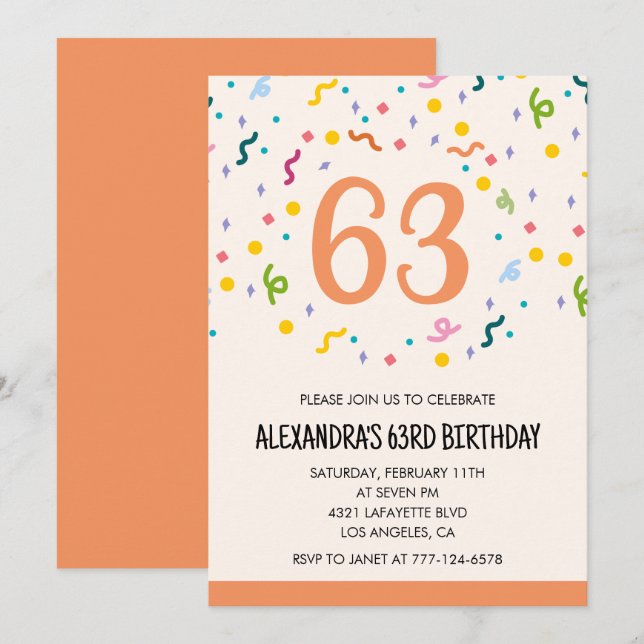 Convites de aniversário de 63 anos Simple Confetti (Frente/Verso)