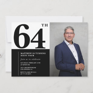 Convites de Aniversário de 64 Anos Preto e Branco 