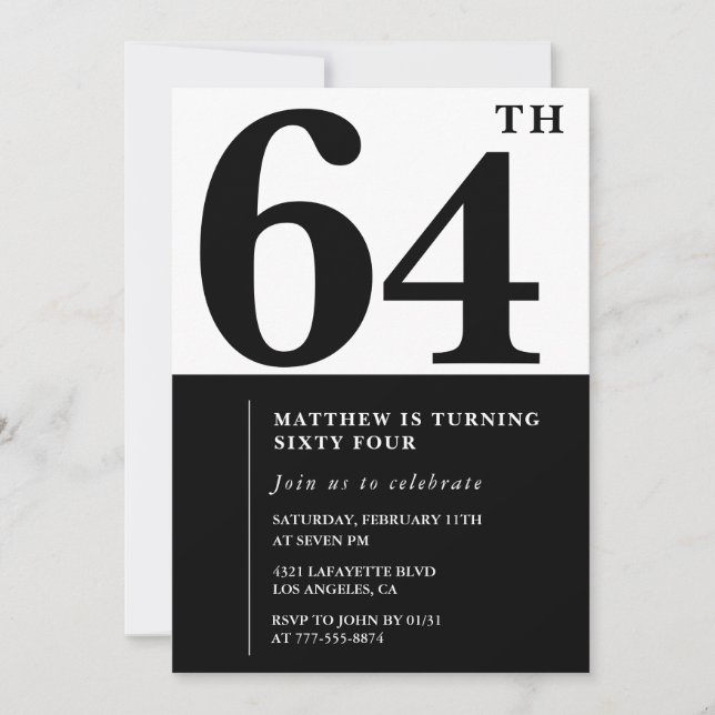 convites de aniversário de 64 anos Preto e Branco  (Frente)
