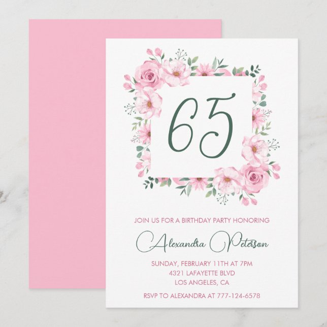 Convites de aniversário de 65 anos Elegantes Flora (Frente/Verso)