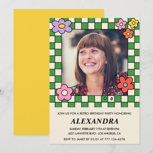 convites de aniversário de 65 anos Flores Retro Gr (Frente/Verso)