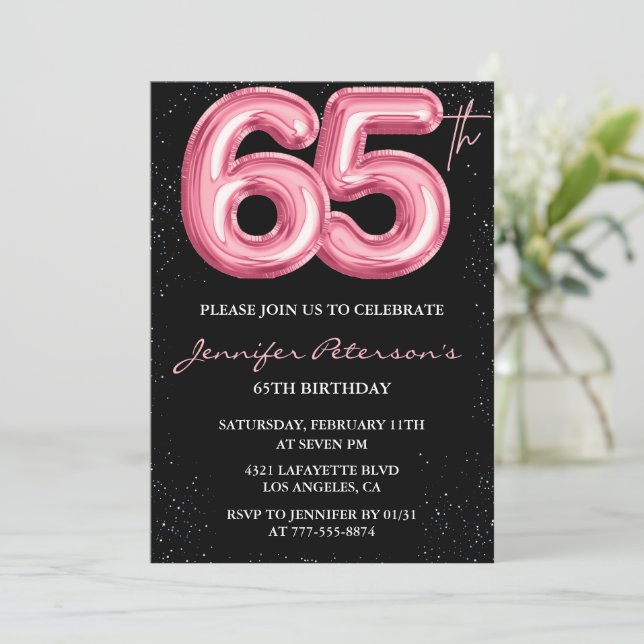 Convites de aniversário de 65 anos preto Balão Gla (Em pé/Frente)