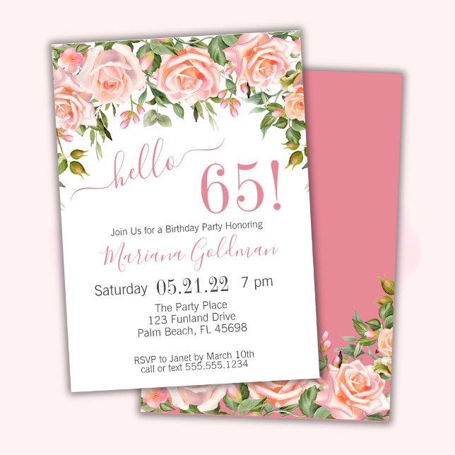 Convites de Aniversário de 65 anos Rosa Floral Mod (Criador carregado)