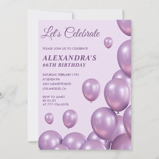 Convites de aniversário de 66 anos Roxo Chic Balõe (Frente)