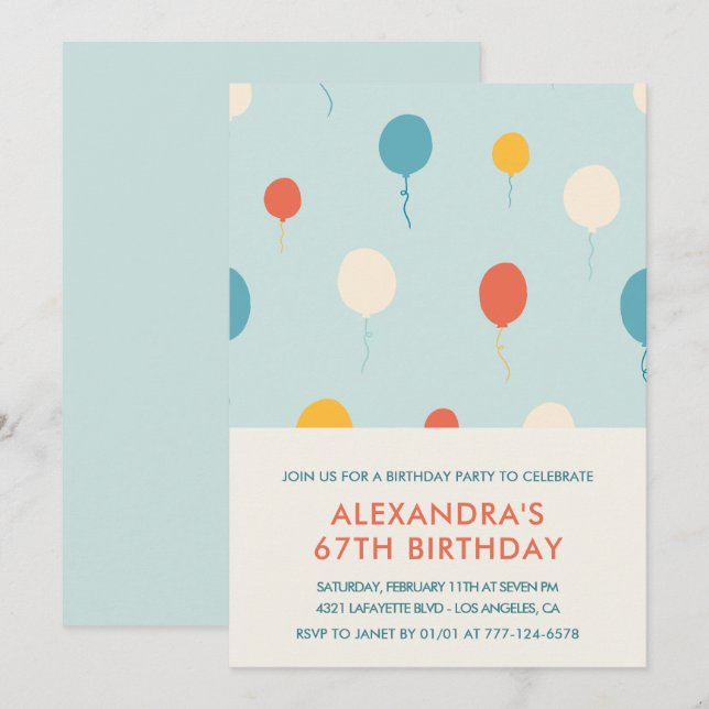 convites de aniversário de 67 anos Balões Azuis (Frente/Verso)