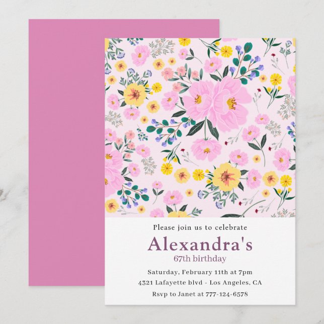convites de aniversário de 67 anos Boho Floral Ros (Frente/Verso)