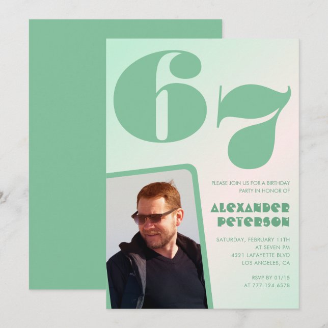 Convites de aniversário de 67 anos gradiente verde (Frente/Verso)
