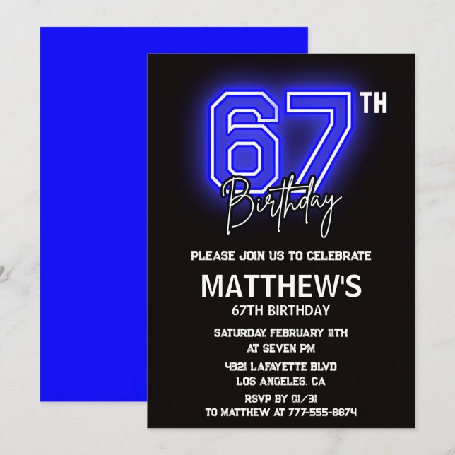 Convites de aniversário de 67 anos Neon Preto Home (Frente/Verso)