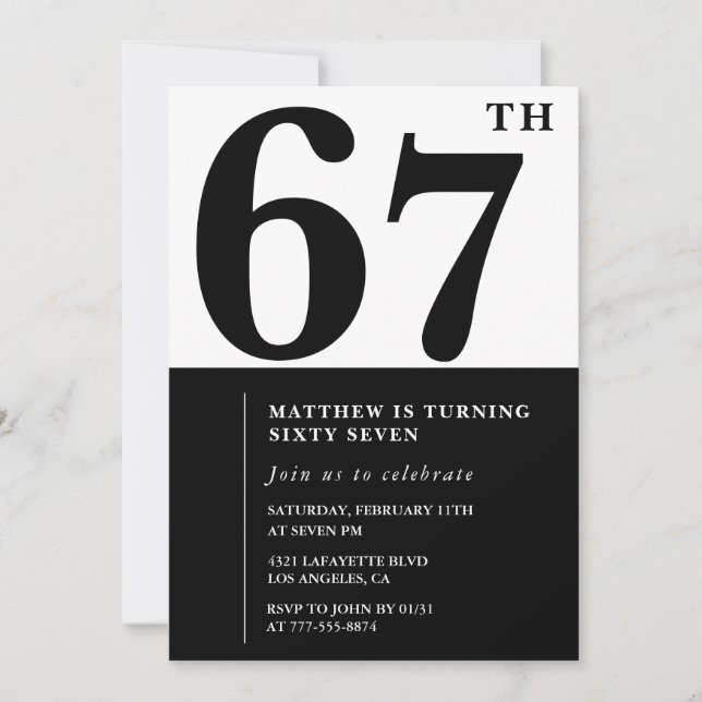 convites de aniversário de 67 anos Preto e Branco  (Frente)