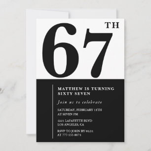 convites de aniversário de 67 anos Preto e Branco 