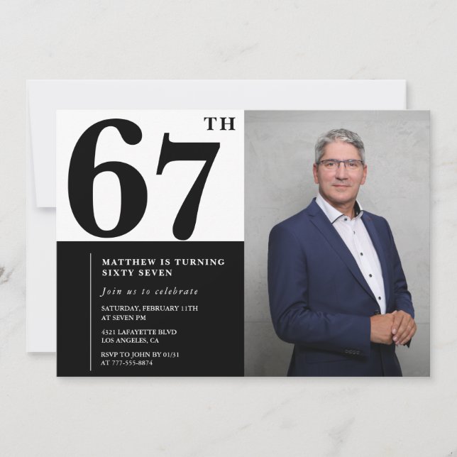 Convites de Aniversário de 67 Anos Preto e Branco  (Frente)