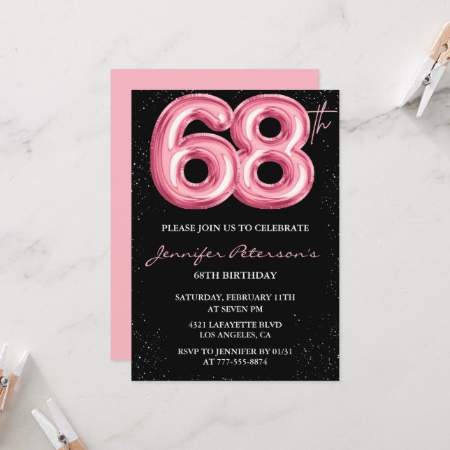 Convites de aniversário de 68 anos Black Pink Balã (Frente/Verso In Situ)
