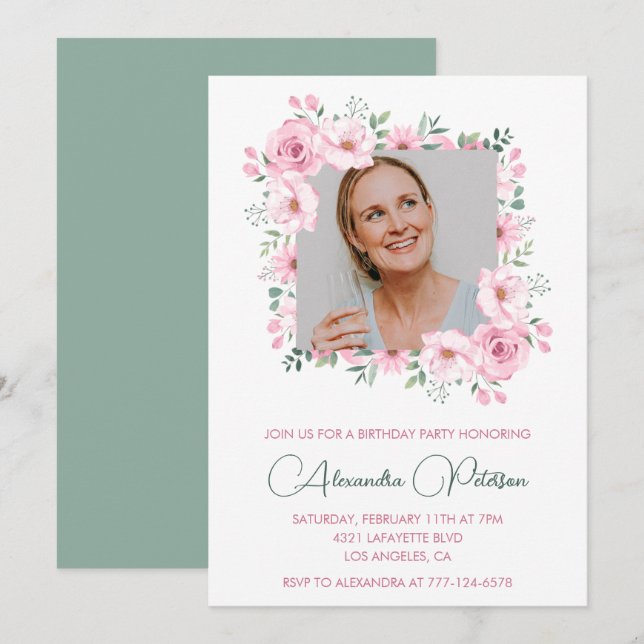 Convites de aniversário de 68 anos com foto floral (Frente/Verso)