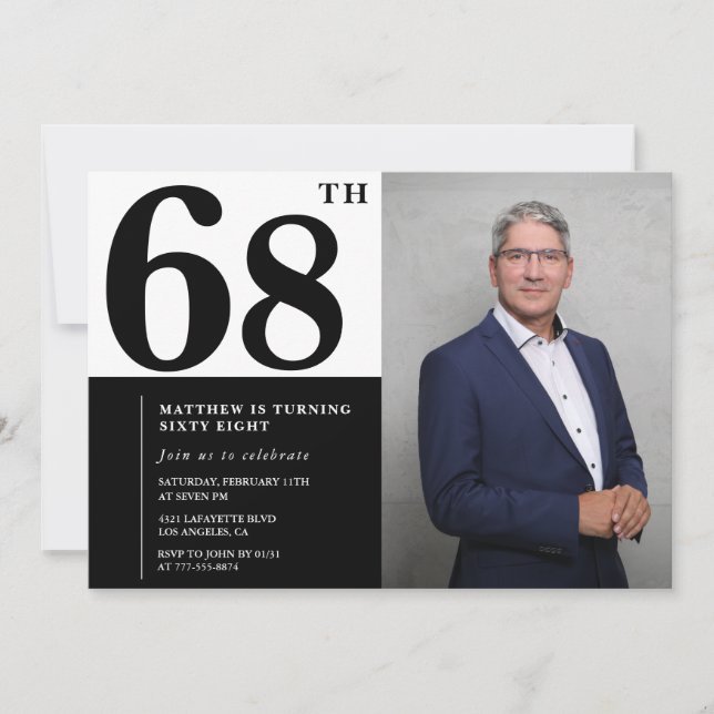 Convites de Aniversário de 68 anos Preto e Branco  (Frente)