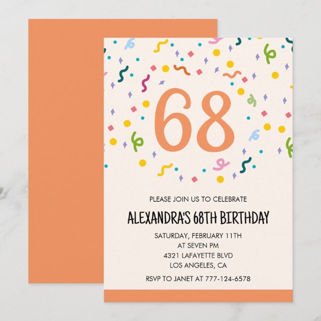 Convites de aniversário de 68 anos Simple Confetti (Frente/Verso)