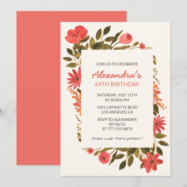 Convites de aniversário de 69 anos Elegant Floral  (Frente/Verso)