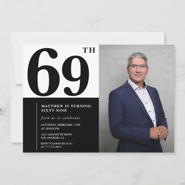Convites de Aniversário de 69 anos Preto e Branco  (Frente)