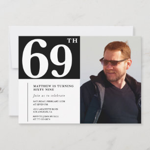 Convites de aniversário de 69 anos Preto e Branco