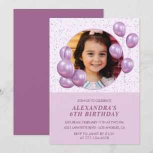 convites de aniversário de 6 anos Balões Foto Roxo