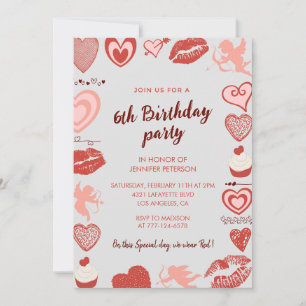 Convites de aniversário de 6 anos elegantes Coraçõ