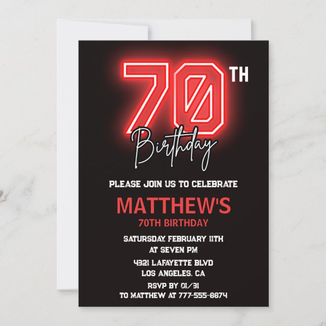 Convites de aniversário de 70 anos preto Neon para (Frente)