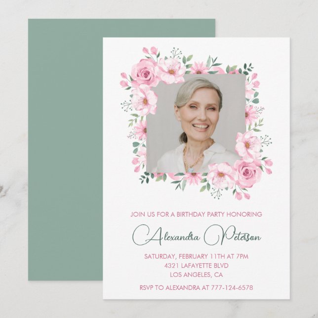Convites de aniversário de 71 anos com foto floral (Frente/Verso)